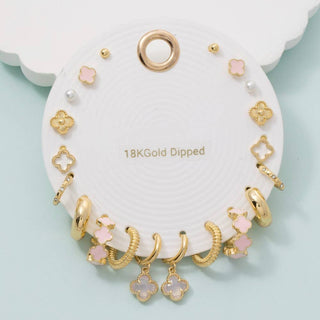 Gold Clover Charm Stud And Hoop Earring Set