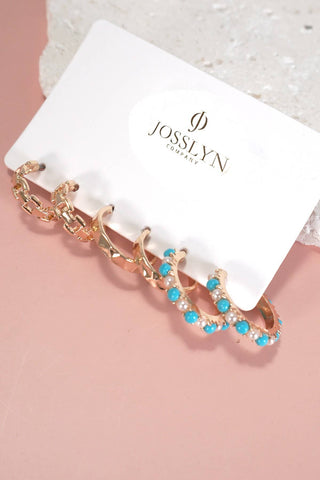 Turquoise & Gold Pearl Trip Hoop Earring Set