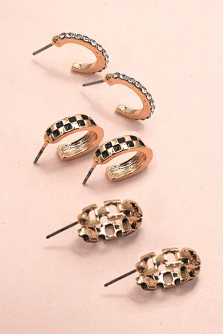 Checkmate & Shine Trio Gold Earrings Set