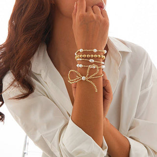 Multi Gold Beaded Pearl Bow Bracelet