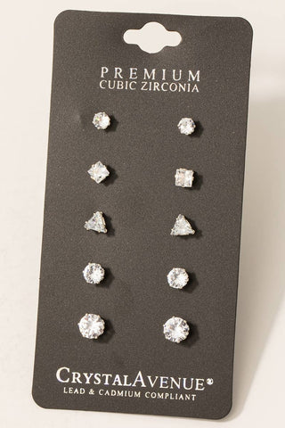 Sparkled 5 Pair CZ Stud Earrings Set