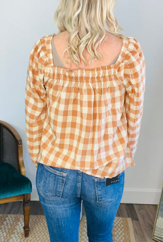 One Fine Afternoon Gingham Plaid Top In Caramel