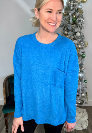 Ribbed Brushed Hacci Sweater in Ocean Blue