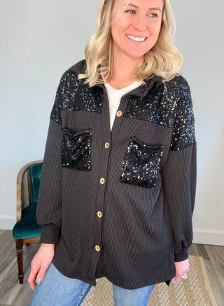 Black Sparkled & Ribbed Button Up