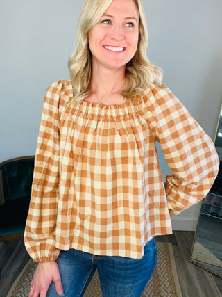 One Fine Afternoon Gingham Plaid Top In Caramel