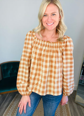 One Fine Afternoon Gingham Plaid Top In Caramel