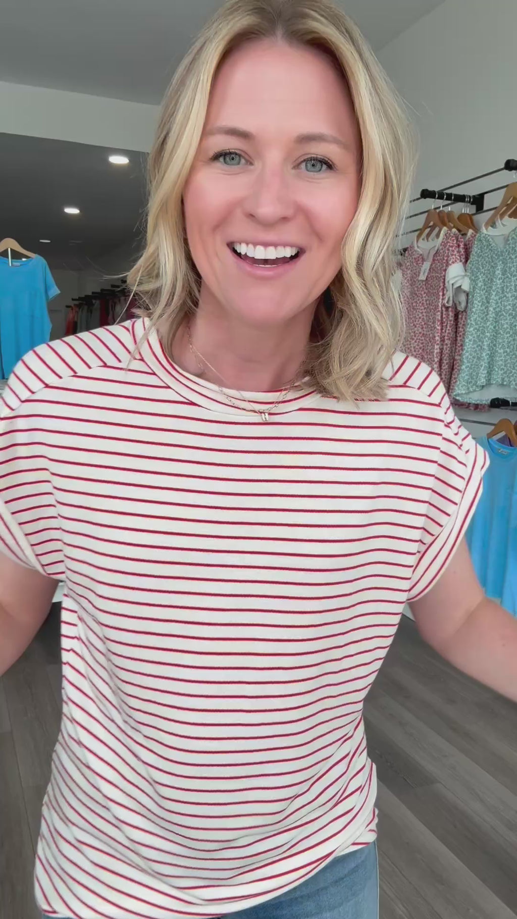 White & Red Striped Short Sleeved Top