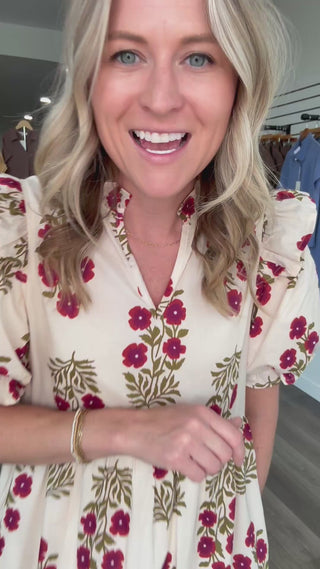 Cream & Burgundy Floral Mid Length Dress Entro Brand