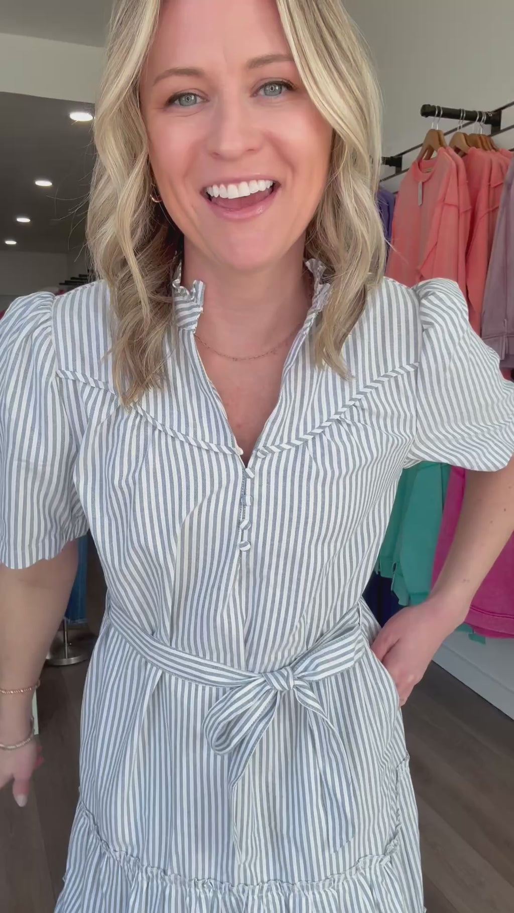 Navy Blue & White Striped Dress with Tie Waist