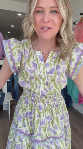 Floral Lilac Flutter Short Sleeved Dress