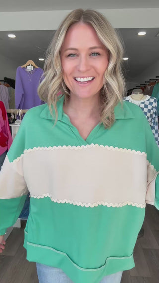 Teal & Tan Collared Long Sleeved Top