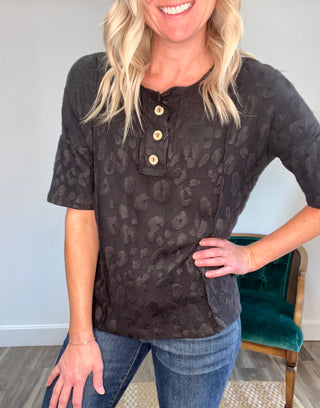 Black Leopard Button Front Top